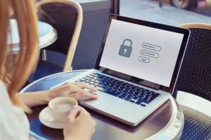 data protection and internet security concept, woman user typing password